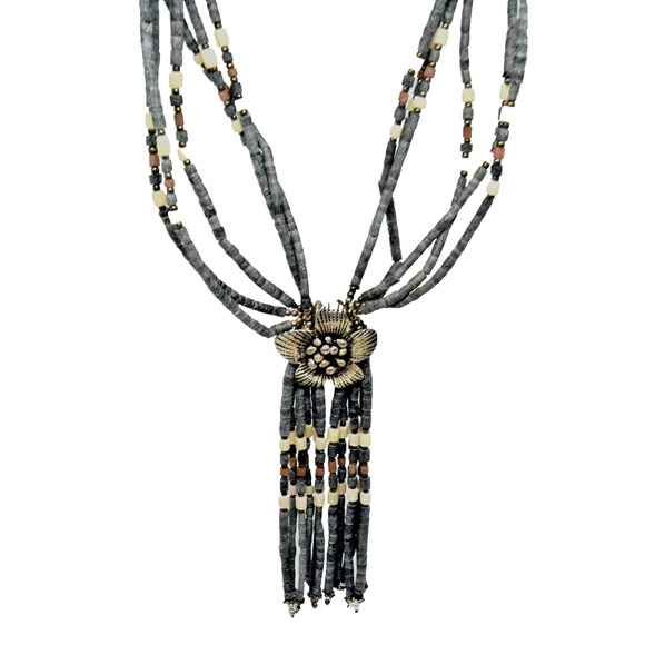 Multi 15 Strand Heishi Bead Necklace, Silver Floral Lariat, Ends & Clasp 24" VTG - Picture 1 of 4